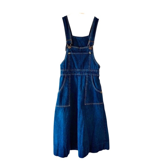 Vintage 80’s90’s Women’s Chic H.I.S. Blue Denim Midi Bibbed Jumper Dress - Picture 1 of 11